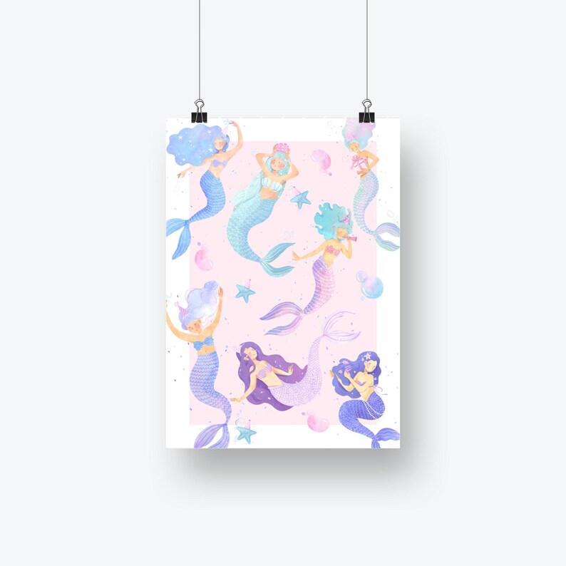May include: A poster featuring watercolor illustrations of mermaids in various poses. The mermaids have colorful hair and tails, with a pastel pink background. The design includes starfish and bubbles.