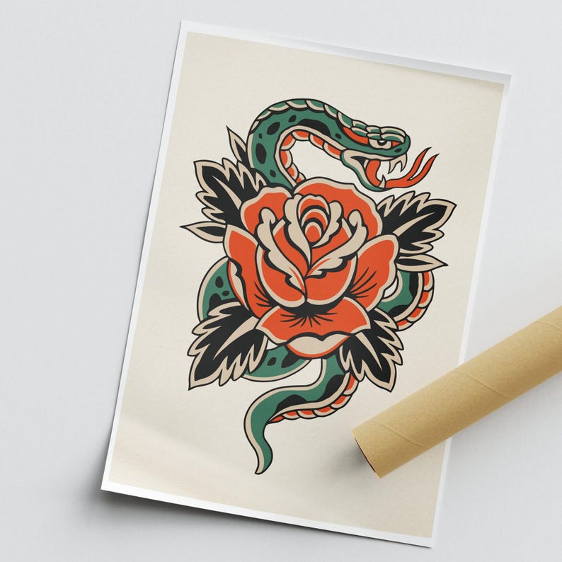 Traditional Snake Tattoo Style Poster | Vintage Tattoo Art for Alternative Home Decor image 3