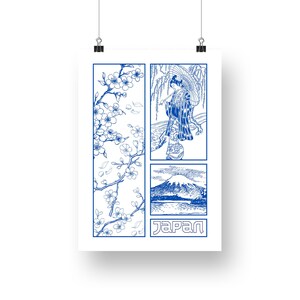 Tokyo blue - graphic design poster, elegant japanese style print, bedroom print, cherry blossom, minimalist wall decor, fine line poster image 5