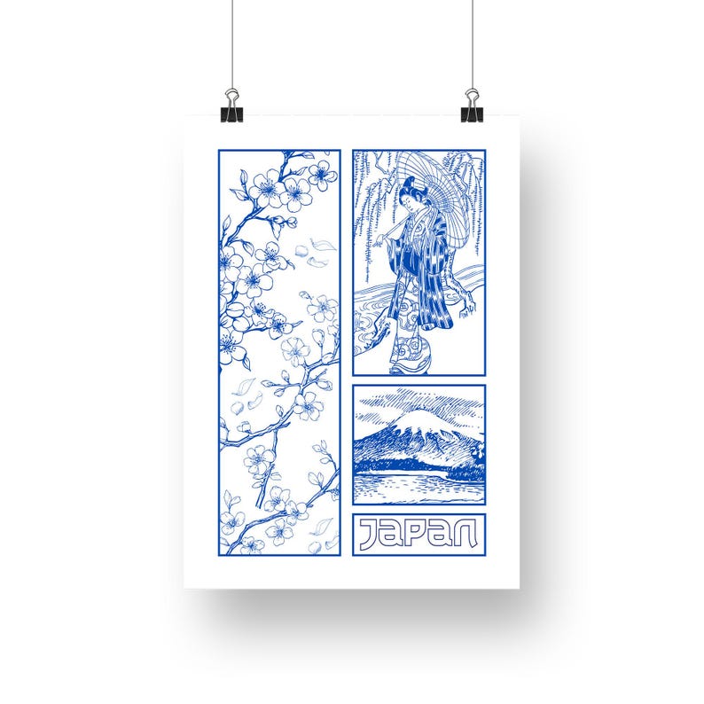 Tokyo blue - graphic design poster, elegant japanese style print, bedroom print, cherry blossom, minimalist wall decor, fine line poster image 5