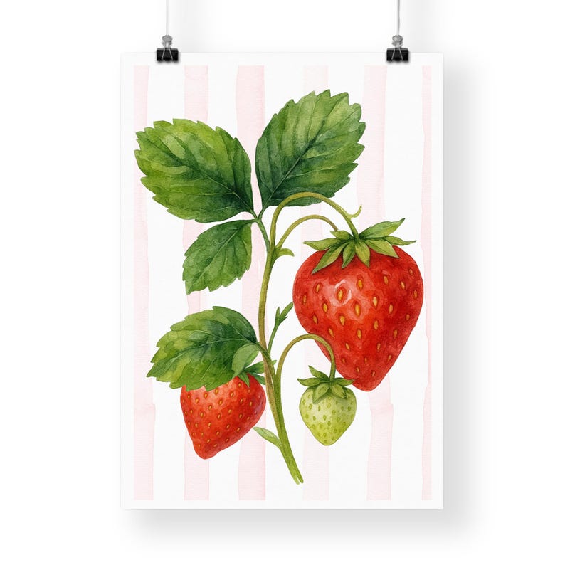 May include: Watercolor illustration of a strawberry plant with green leaves and red and green berries. The background features pink and white vertical stripes. The artwork is mounted on a white background.