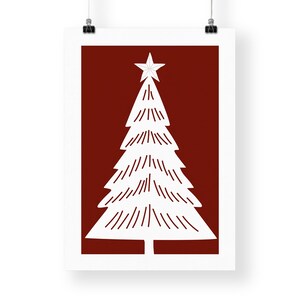 May include: A white Christmas tree illustration with a star on top, set against a deep red background. The tree has a simple, stylized design with horizontal lines. The artwork is printed on a white poster.