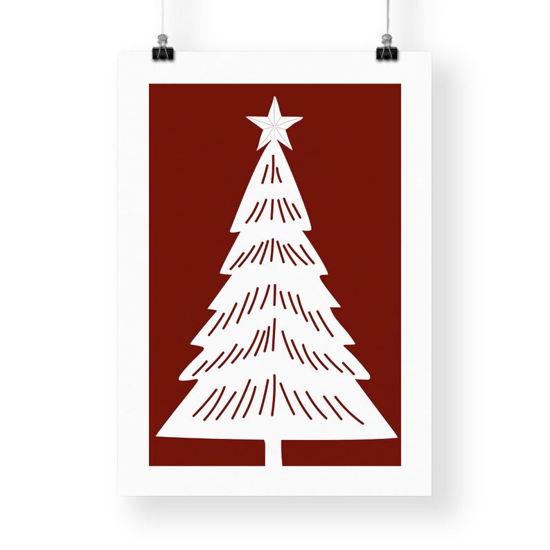 May include: A white Christmas tree illustration with a star on top, set against a deep red background. The tree has a simple, stylized design with horizontal lines. The artwork is printed on a white poster.