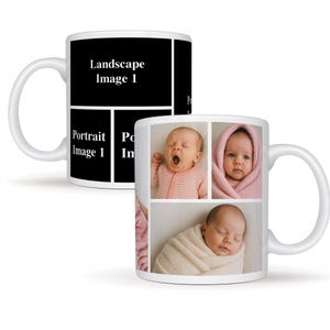 Pode incluir: Caneca de cer&acirc;mica branca com uma colagem de fotos de um beb&ecirc;. A caneca apresenta um fundo preto com o texto "Landscape Image 1" e "Portrait Image 1". O outro lado tem quatro fotos de beb&ecirc;.