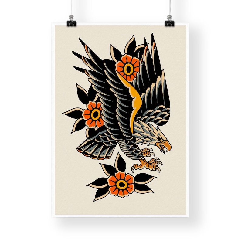 Tatuaje tradicional - Póster de águila: Lámina de arte para tatuajes / Diseño vintage / Lámina de arte mural con tinta clásica / Decoración alternativa para el hogar imagen 5