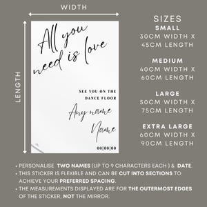 All You Need Is Love - Dance Floor Sticker: Custom DIY Wedding Mirror Decal, Wedding Sign - Engagement, Wedding or Anniversary Decor image 4