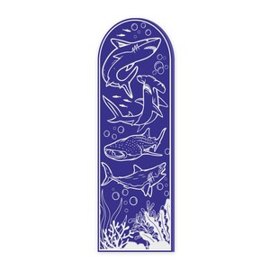 May include: A blue vertical banner with white outlines of various sharks and fish, including a hammerhead shark, a whale shark, and a great white shark. The banner also features white outlines of seaweed and bubbles.