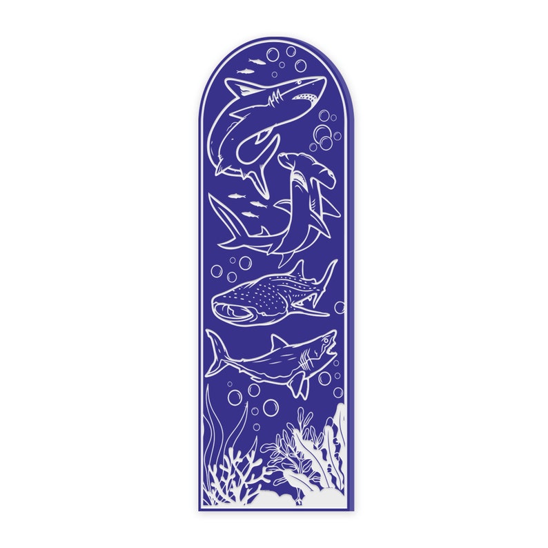 May include: A blue vertical banner with white outlines of various sharks and fish, including a hammerhead shark, a whale shark, and a great white shark. The banner also features white outlines of seaweed and bubbles.