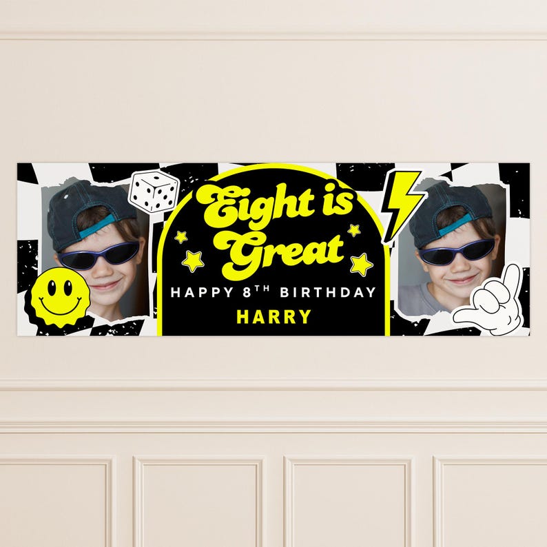 May include: A personalized birthday banner with a black and white checkered background. The banner features a photo of a child wearing sunglasses and a baseball cap. Text reads "Eight is Great" and "Happy 8th Birthday Harry."