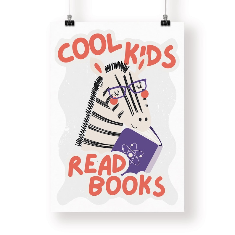 May include: A white and black zebra wearing glasses and reading a purple book with a white atom symbol. The text "COOL KIDS READ BOOKS" is in red letters.
