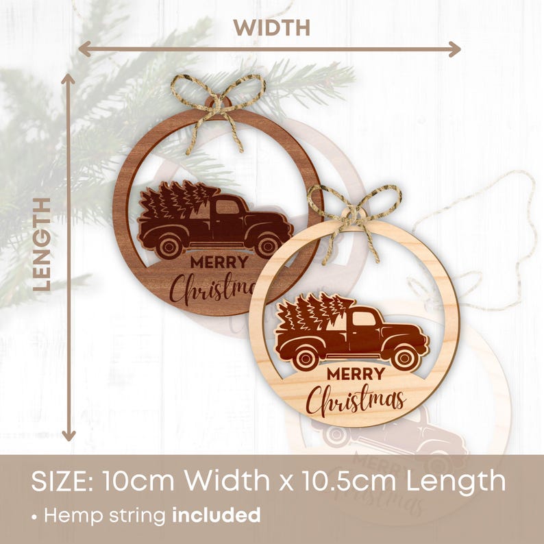 Merry Christmas - Rustic Wooden Ornament, Tree Decoration, Xmas Keepsake Memento, Cute Christmas Baubal, Vintage Truck with Christmas Tree Bild 4