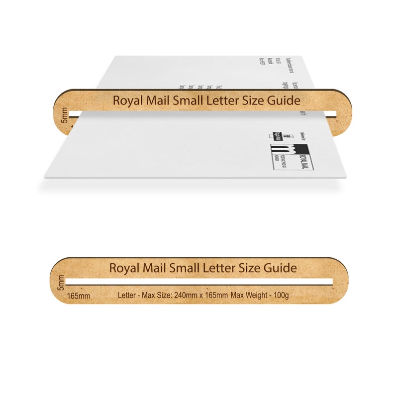 May include: A wooden guide for Royal Mail small letter sizing. The guide is marked with "5mm" and "165mm" and states "Letter - Max Size: 240mm x 165mm Max Weight - 100g".