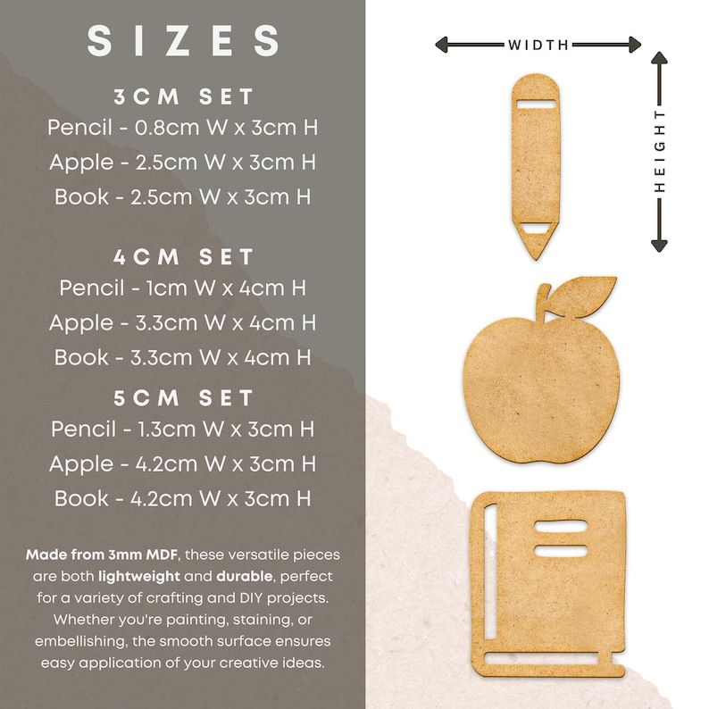 K&ouml;nnte beinhalten: Drei S&auml;tze aus Holz-Bastelformen: ein Bleistift, ein Apfel und ein Buch. Jeder Satz ist in drei Gr&ouml;&szlig;en erh&auml;ltlich: 3 cm, 4 cm und 5 cm. Die Formen sind aus 3 mm MDF gefertigt und perfekt f&uuml;r Bastel- und DIY-Projekte.