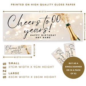 以下が含まれることがあります： 「Cheers to 00 years! Happy Birthday Any Name」と書かれたバナー。シャンパンボトルと金色のスプレーが特徴です。サイズは小（幅27cm&times;高さ9cm）と大（幅83cm&times;高さ28cm）の2種類があります。