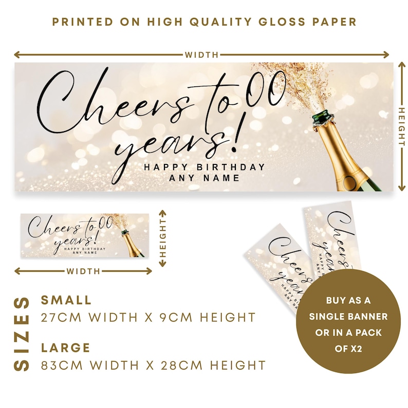 以下が含まれることがあります： 「Cheers to 00 years! Happy Birthday Any Name」と書かれたバナー。シャンパンボトルと金色のスプレーが特徴です。サイズは小（幅27cm&times;高さ9cm）と大（幅83cm&times;高さ28cm）の2種類があります。