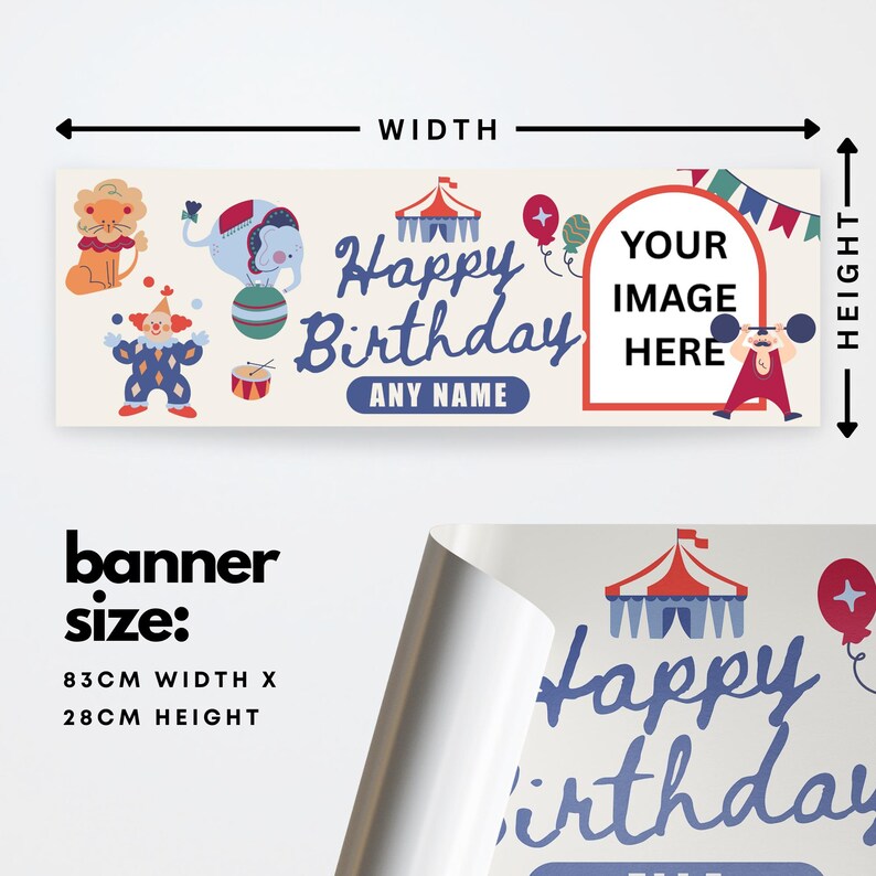 Puede incluir: Una pancarta rectangular de cumplea&ntilde;os con ilustraciones de circo, incluyendo un le&oacute;n, un elefante, un payaso y una carpa. La pancarta tiene el texto "Happy Birthday" y espacio para una imagen personalizada. Tama&ntilde;o de la pancarta: 83 cm de ancho x 28 cm de alto.