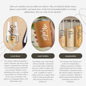 May include: A collection of personalized vinyl stickers for various uses. The stickers are shown on a wine glass, a water bottle, and glass jars. The stickers feature names, such as "Sophie" and "Katie", and labels for food storage, such as "Pasta", "Oats", and "Rice".