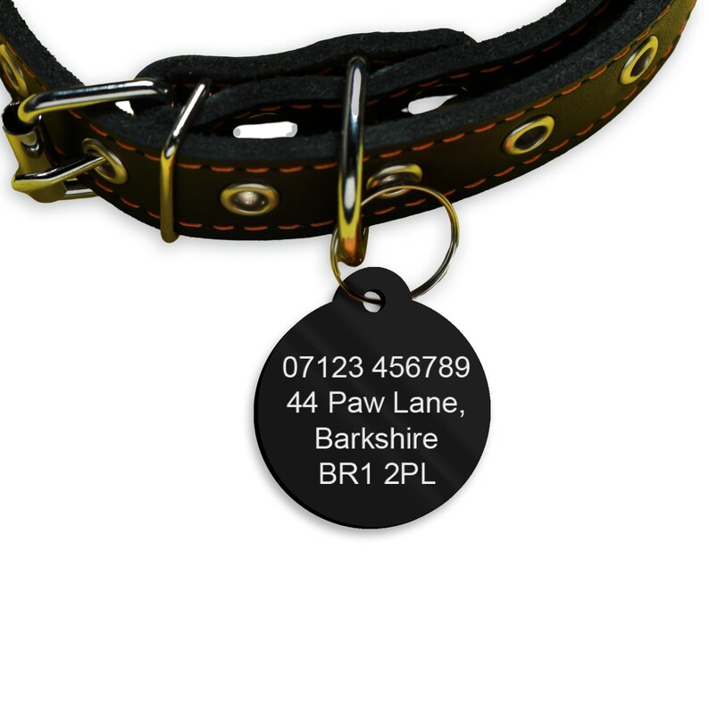 May include: Black pet ID tag with contact details, suspended from a black leather dog collar with orange stitching. The tag is circular and displays a phone number, address, and postcode in white text.