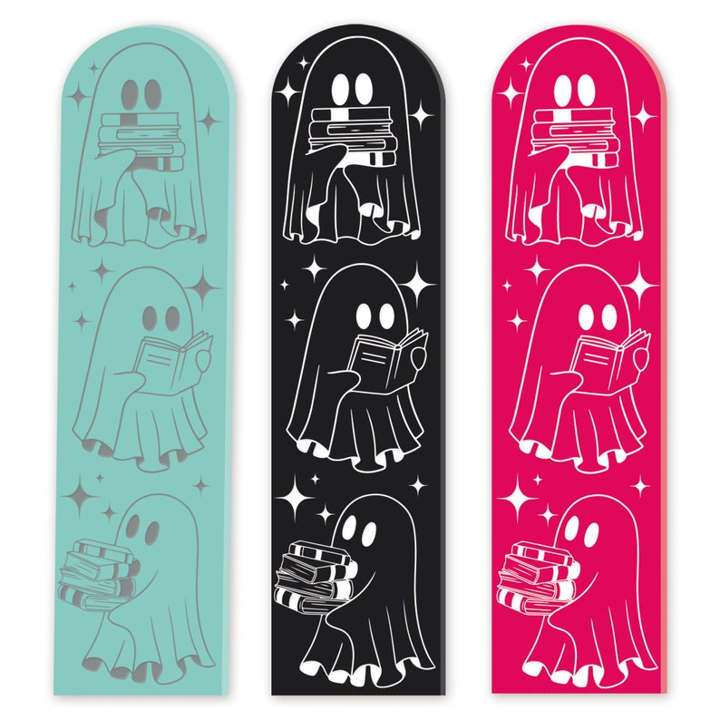 May include: Three ghost bookmarks with different coloured backgrounds. The ghosts are white and are holding books or stacks of books. The backgrounds are teal, black, and pink.