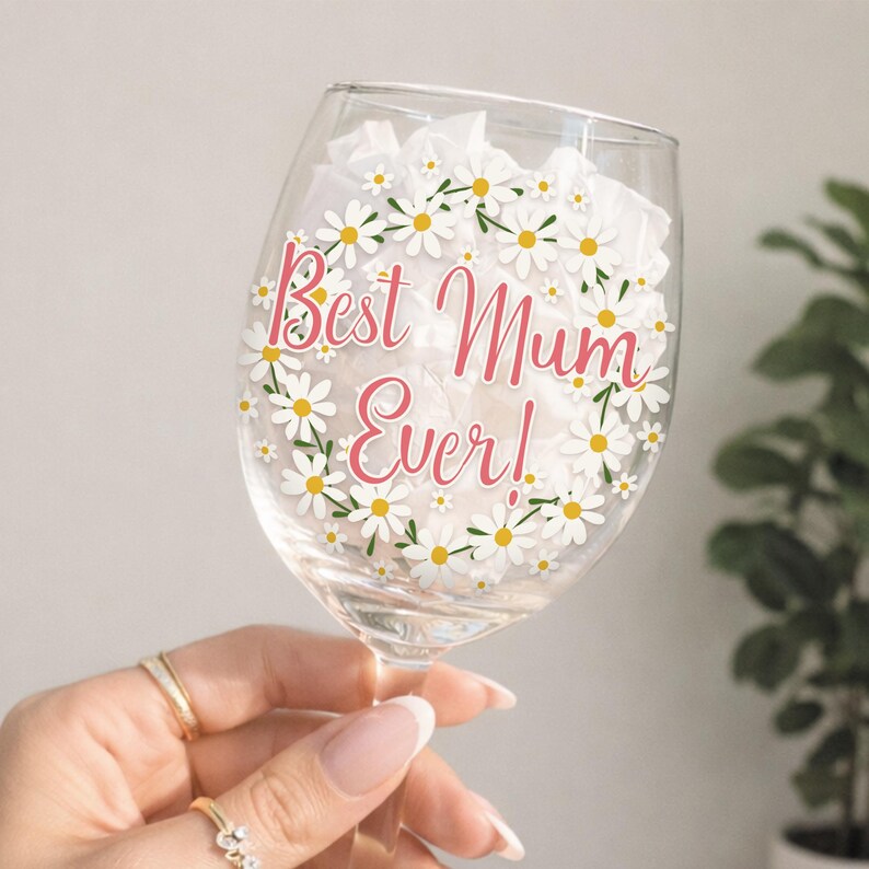 Pegatina para copa de vino "La mejor mamá del mundo" / Calcomanía para copa de vino "Mamá" / Regalo para el Día de la Madre / Pegatina de vinilo "Daisy Mum" / Regalo para mamá imagen 2