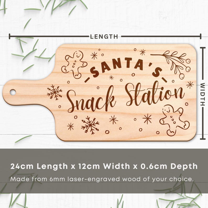 May include: A wooden cutting board with the text "SANTA'S Snack Station" engraved on it. The board is 9.4 inches long, 4.7 inches wide, and 0.2 inches deep. It features gingerbread men and snowflake designs.
