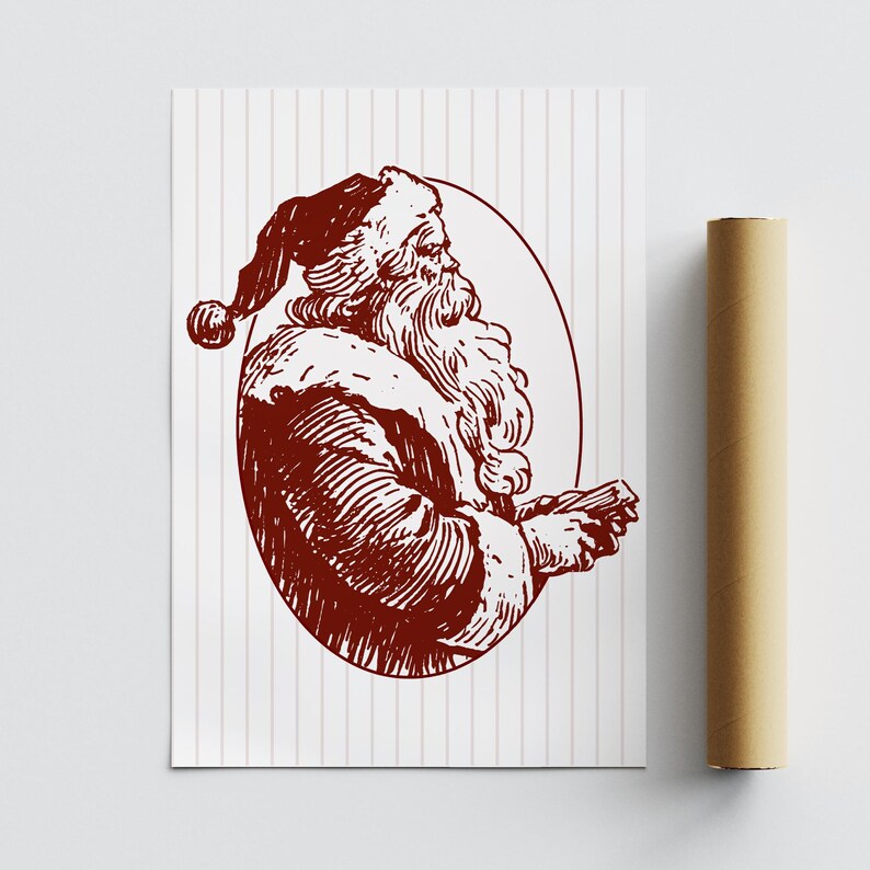 May include: A vintage-style print of Santa Claus in a maroon color, set against a white background with vertical stripes. The illustration depicts Santa in profile, holding a small object, within an oval frame. A rolled-up poster is visible on the right.