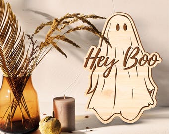 Hey Boo- Wooden Ghost Plaque/Sign For Fall - Cosy Aesthetic, Autumnal Vibes, Minimal, Rustic, Modern Halloween Home Decor & Car Accessory