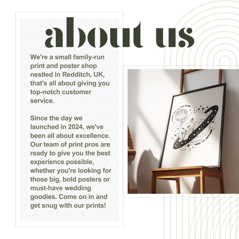 May include: A black and white illustration of a cat sitting on a planet with stars and the text "It's okay to shine and to explore". The illustration is framed and hanging on a wall.