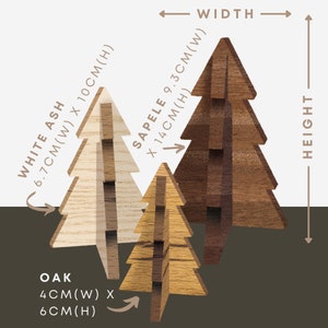 May include: Three wooden Christmas tree ornaments in different sizes and wood types. The largest tree is made of sapele wood and measures 9.3 cm wide by 14 cm high. The middle tree is made of oak wood and measures 4 cm wide by 6 cm high. The smallest tree is made of white ash wood and measures 6.7 cm wide by 10 cm high.