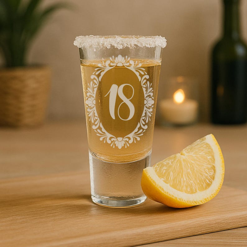 May include: A clear shot glass with a white floral design around the number 18, rimmed with salt. A lemon wedge sits next to the glass on a wooden surface. A bottle and a plant are in the background.