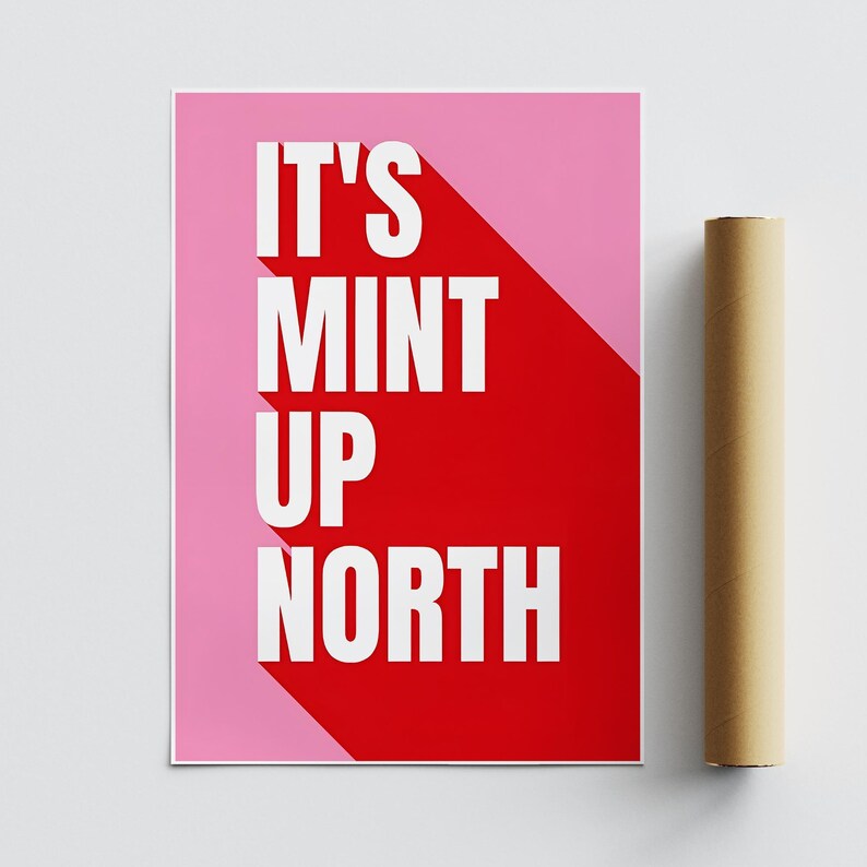 May include: A pink and red art print with the text "IT'S MINT UP NORTH" in white block letters. The print has a long shadow effect. A rolled-up poster is next to the print.