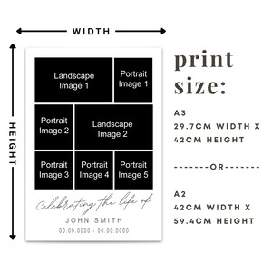 May include: A white print size guide with black text and diagrams. The guide shows the dimensions of A3 and A2 prints in centimeters. The text reads "Celebrating the life of" followed by a name and dates.