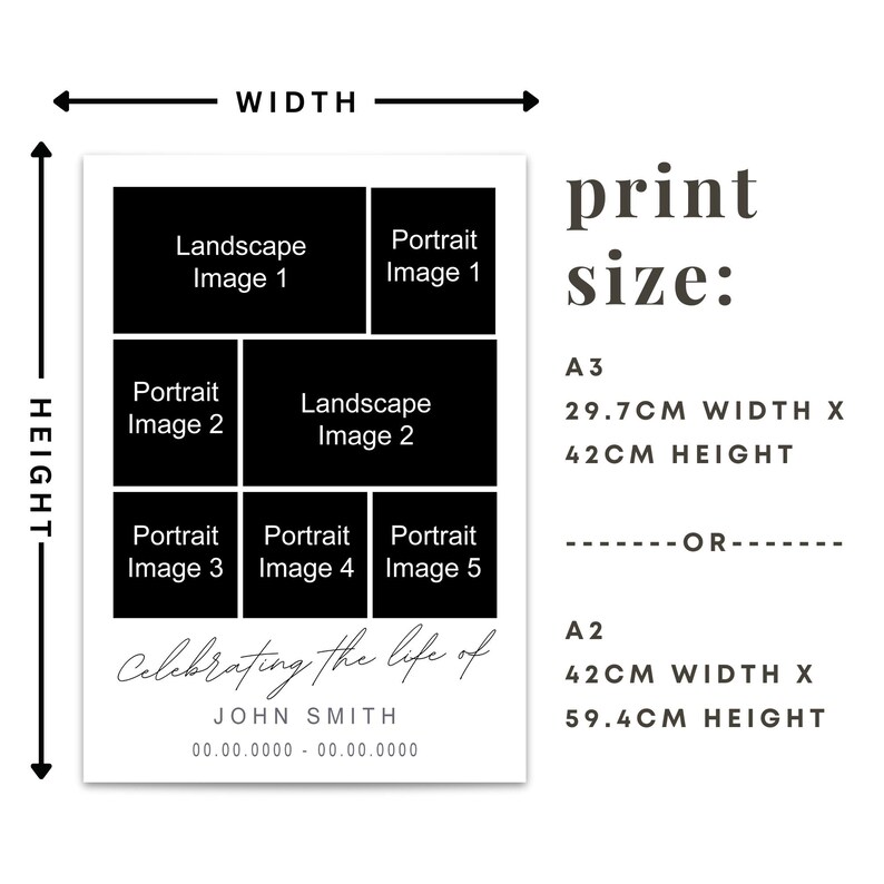 May include: A white print size guide with black text and diagrams. The guide shows the dimensions of A3 and A2 prints in centimeters. The text reads "Celebrating the life of" followed by a name and dates.