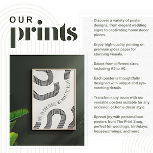 May include: A framed art print with a minimalist design. The print features black curved lines on a white background, with the text "THIS IS OUR PLACE, WE MAKE THE RULES." The image also includes text that says "OUR prints."
