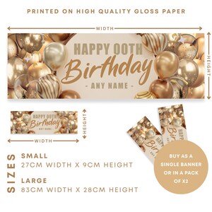 May include: A banner with the text "HAPPY OOTH Birthday - ANY NAME -" in gold lettering, surrounded by gold balloons. The banner is available in two sizes: small (27cm x 9cm) and large (83cm x 28cm).