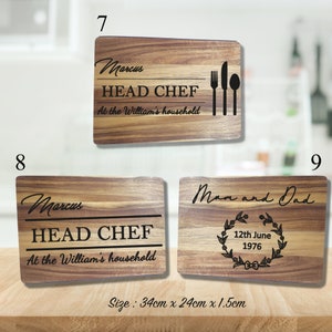 May include: Two wooden cutting boards with engraved text. The first board says "Marcus HEAD CHEF At the William's household" with a fork, knife, and spoon graphic. The second board says "Marcus HEAD CHEF At the William's household". The third board says "Mom and Dad 12th June 1976" with a wreath and bow graphic. The boards are 34 cm x 24 cm x 1.5 cm.