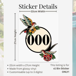 Traditional Tattoo Swallow Bin Sticker | Personalised House Number Wheelie Bin Decal | Old School Bird & Rose Waterproof Vinyl Sticker 画像 3