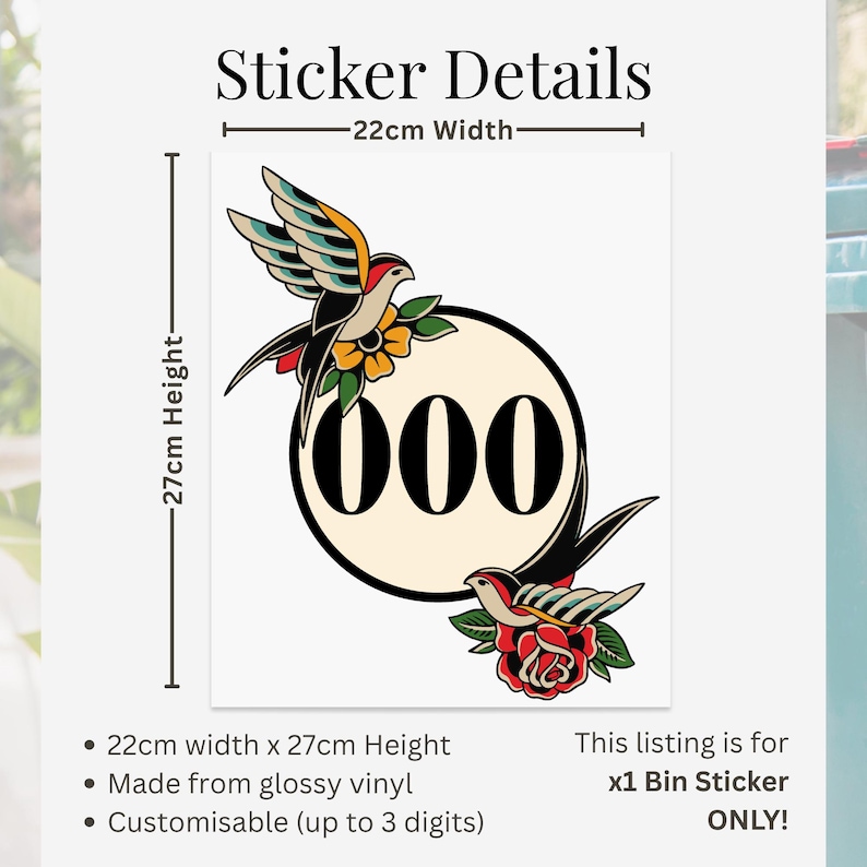 Traditional Tattoo Swallow Bin Sticker | Personalised House Number Wheelie Bin Decal | Old School Bird & Rose Waterproof Vinyl Sticker 画像 3