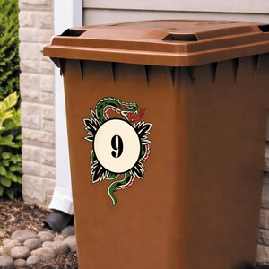 Traditional Tattoo Snake Bin Sticker | Personalised House Number Wheelie Bin Decal | Waterproof Tattoo Snake Bin Label | Alt Home Decor image 2