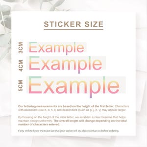 May include: A white background with the text "STICKER SIZE" in brown. Below are three examples of the word "Example" in a rainbow gradient, each with a different height: 3cm, 4cm, and 5cm. Additional text explains lettering measurements.