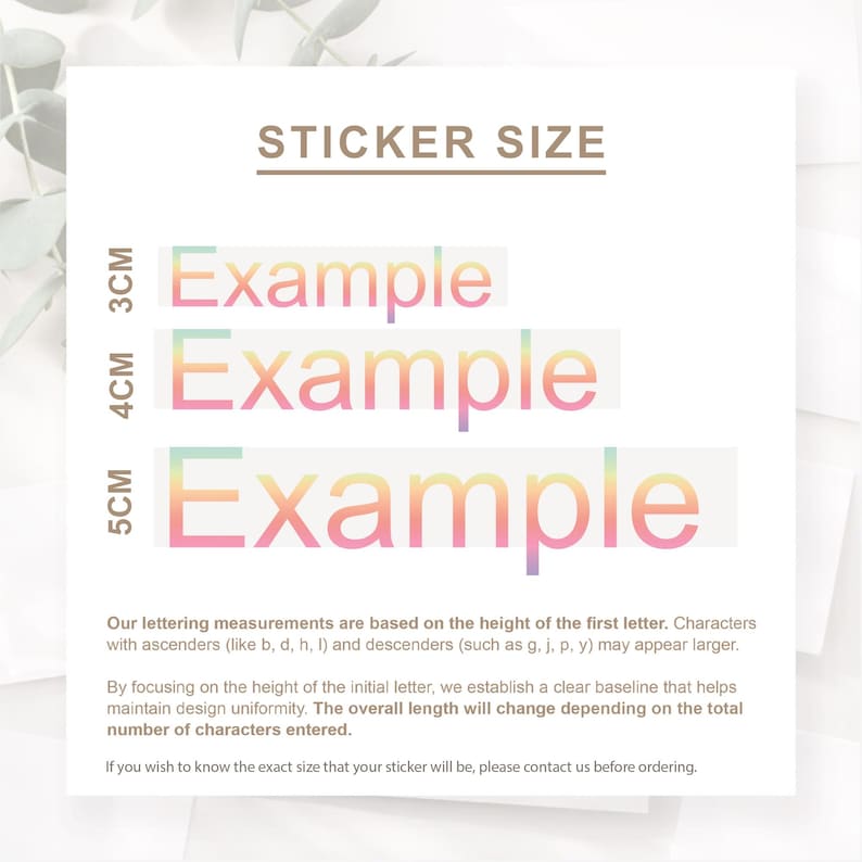 May include: A white background with the text "STICKER SIZE" in brown. Below are three examples of the word "Example" in a rainbow gradient, each with a different height: 3cm, 4cm, and 5cm. Additional text explains lettering measurements.