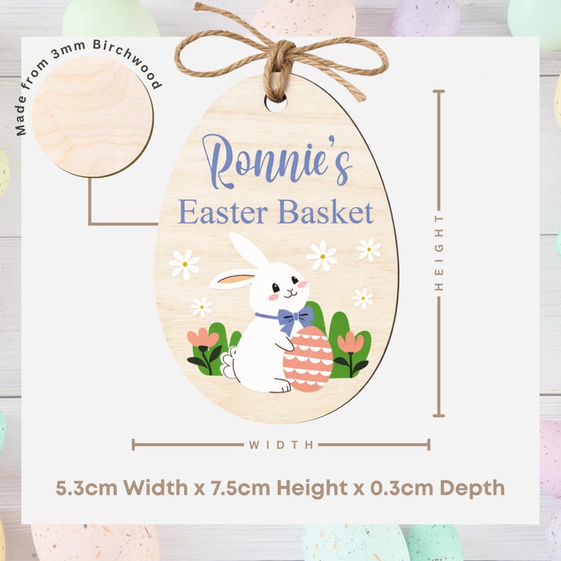 Personalised Easter Basket Tag | Wooden Cute Bunny Name Tag | Custom Easter Basket Decoration image 4