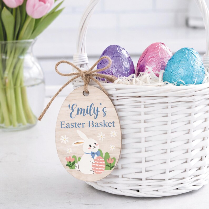 Personalised Easter Basket Tag | Wooden Cute Bunny Name Tag | Custom Easter Basket Decoration image 5
