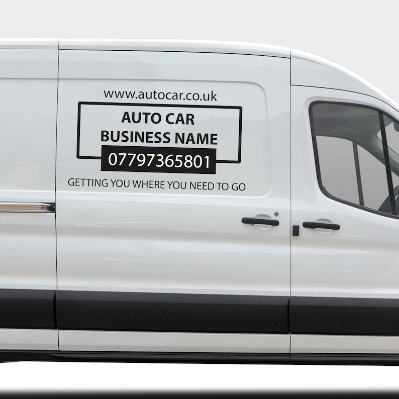 May include: White van with a black and white sign on the side. The sign says "www.autocar.co.uk", "AUTO CAR", "BUSINESS NAME", "07797365801", and "GETTING YOU WHERE YOU NEED TO GO".