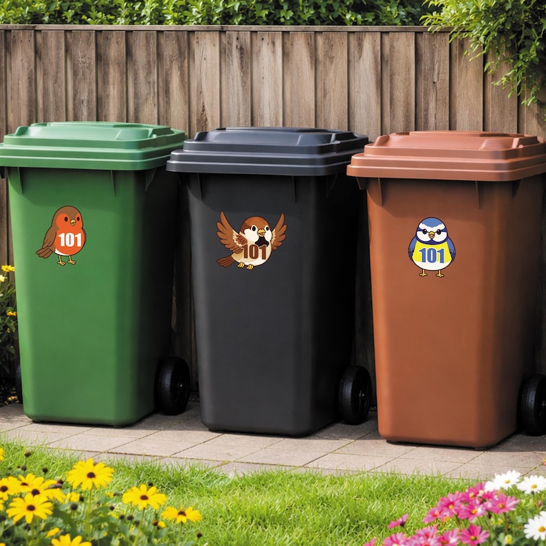 Op de afbeelding: Drie afvalbakken op wielen in groen, zwart en bruin, elk met een deksel. De bakken hebben cartoon vogelstickers met het nummer 101. De groene bak heeft een roodborstje, de zwarte bak een mus en de bruine bak een pimpelmees.