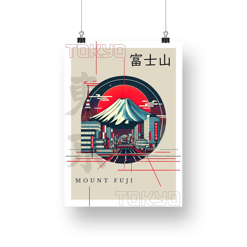 May include: A retro-style poster with a red, white, and blue illustration of Mount Fuji and a cityscape in front of it. The text "TOKYO 富士 山 MOUNT FUJI" is printed in red and white.