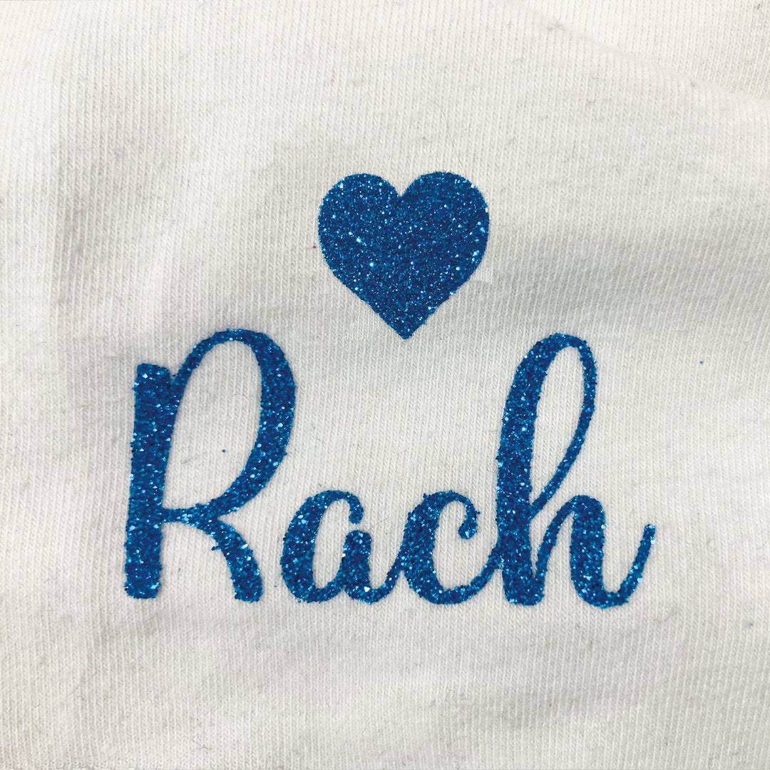Personalised Glitter Iron on Name Label With Heart Symbol Heat