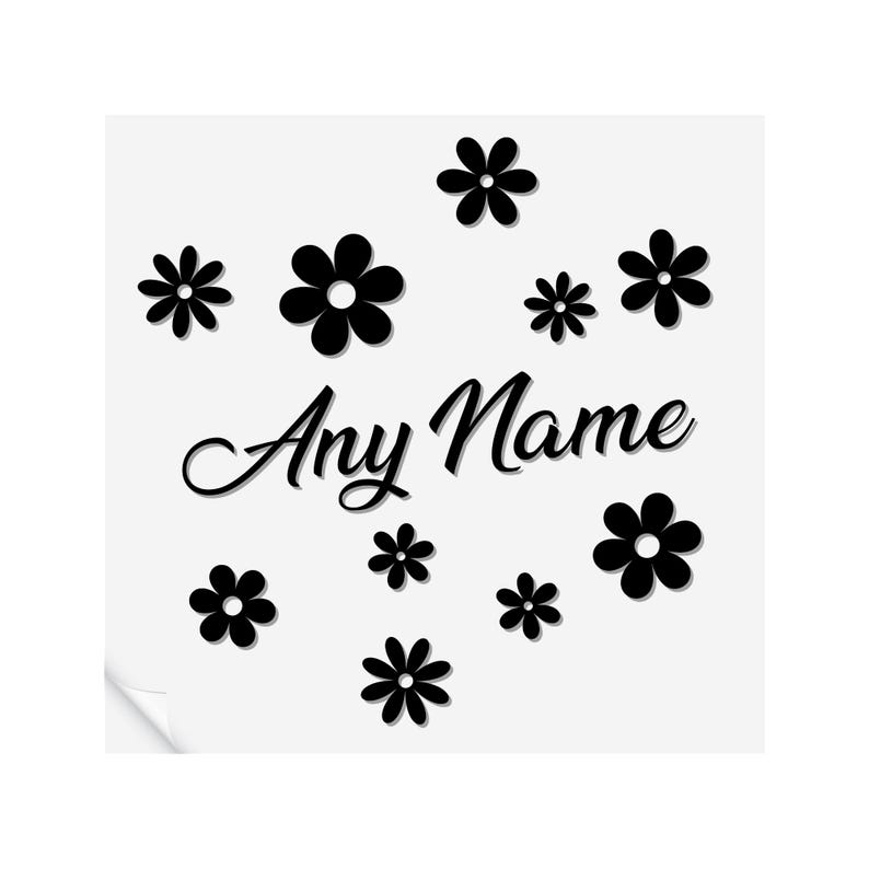 Puede incluir: Pegatina en blanco y negro con un dise&ntilde;o floral y el texto "Any Name".