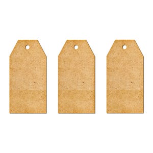 May include: Three brown paper gift tags with a hole punched in the top. The tags are blank and ready to be written on.