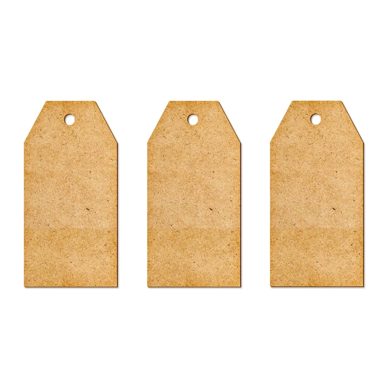May include: Three brown paper gift tags with a hole punched in the top. The tags are blank and ready to be written on.